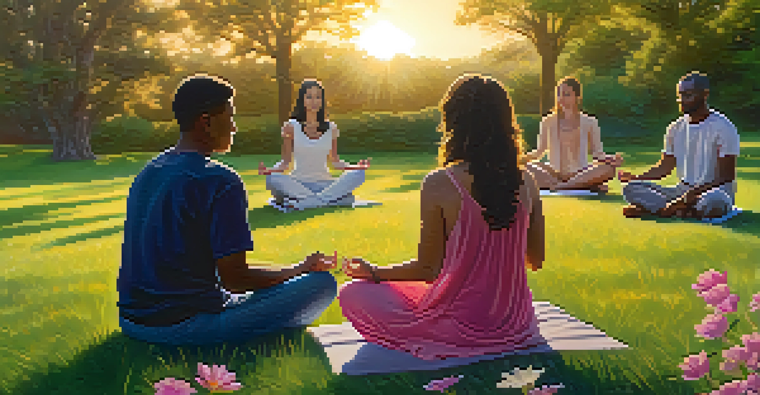 A group of individuals meditating peacefully in a beautiful outdoor setting during sunset.