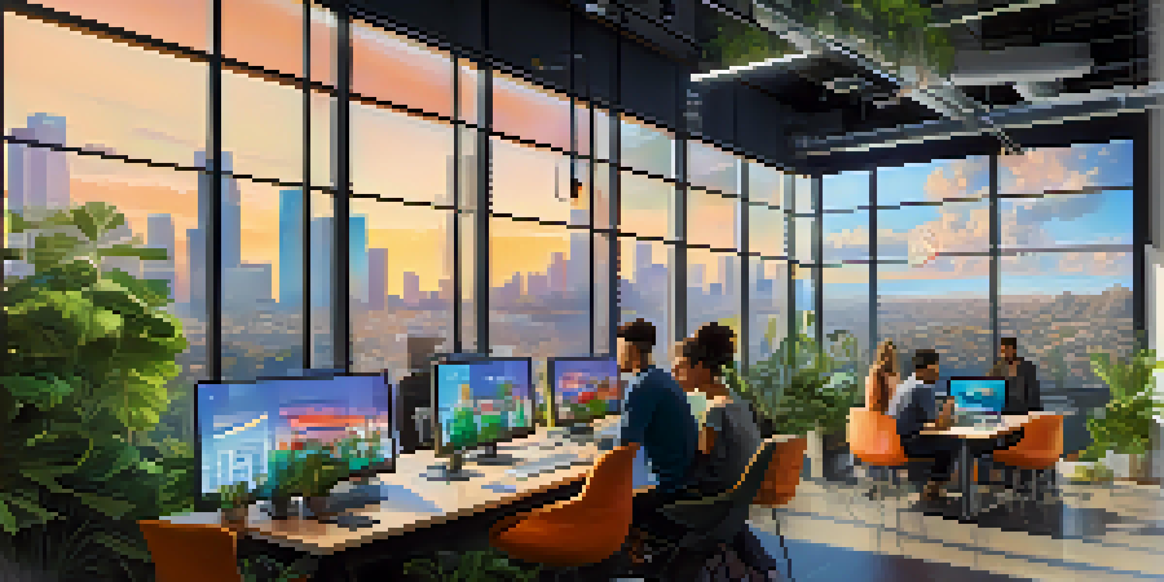 A bright co-working space in Los Angeles filled with people working together, surrounded by greenery and technology, with sunlight streaming through large windows.
