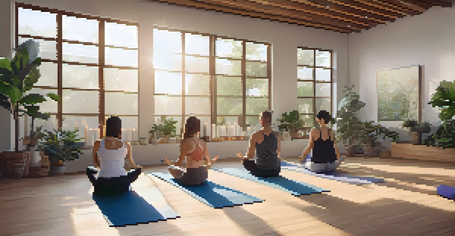 A calming yoga and wellness studio in Los Angeles with diverse individuals practicing yoga in a serene environment.