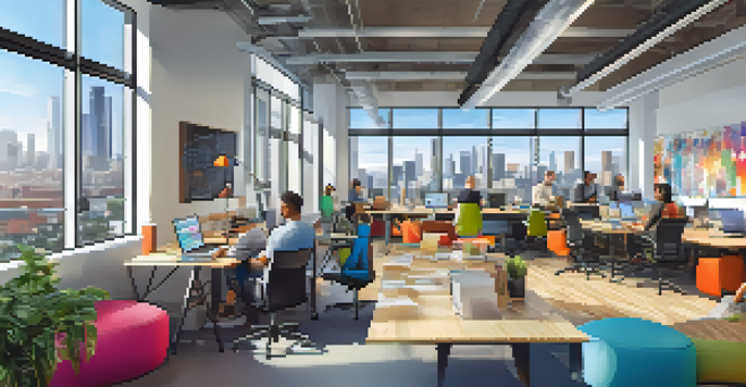 A lively co-working space in Los Angeles with diverse professionals collaborating, bright sunlight from large windows, colorful furniture, and a whiteboard filled with ideas.