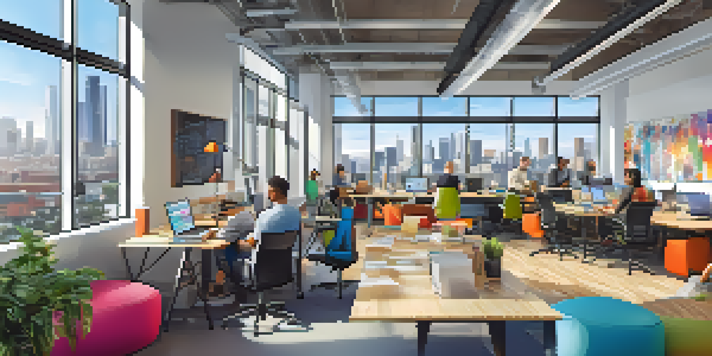 A lively co-working space in Los Angeles with diverse professionals collaborating, bright sunlight from large windows, colorful furniture, and a whiteboard filled with ideas.