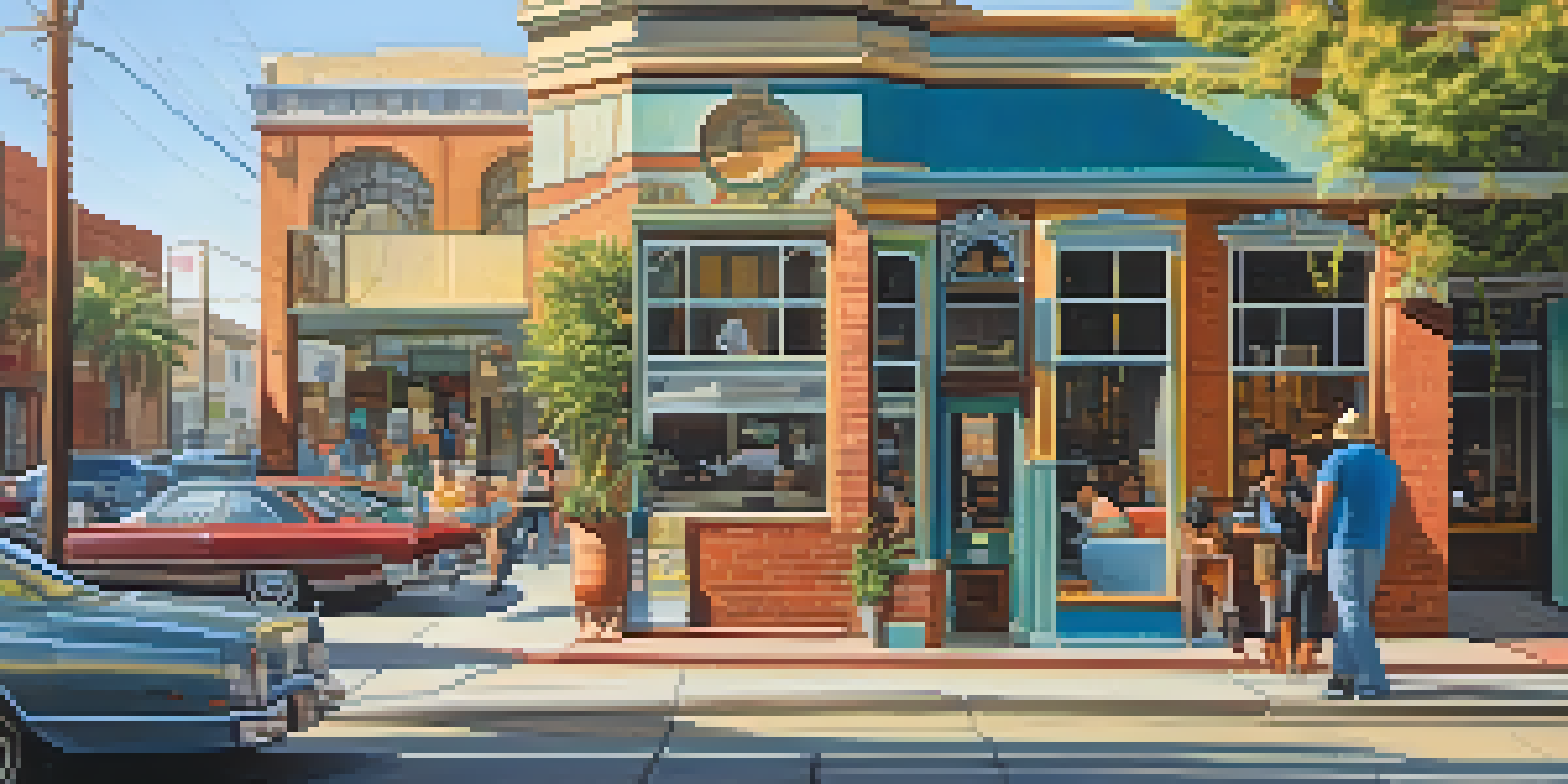 A bustling street in Los Angeles with a colorful mural and a new café, filled with diverse pedestrians in sunlight.