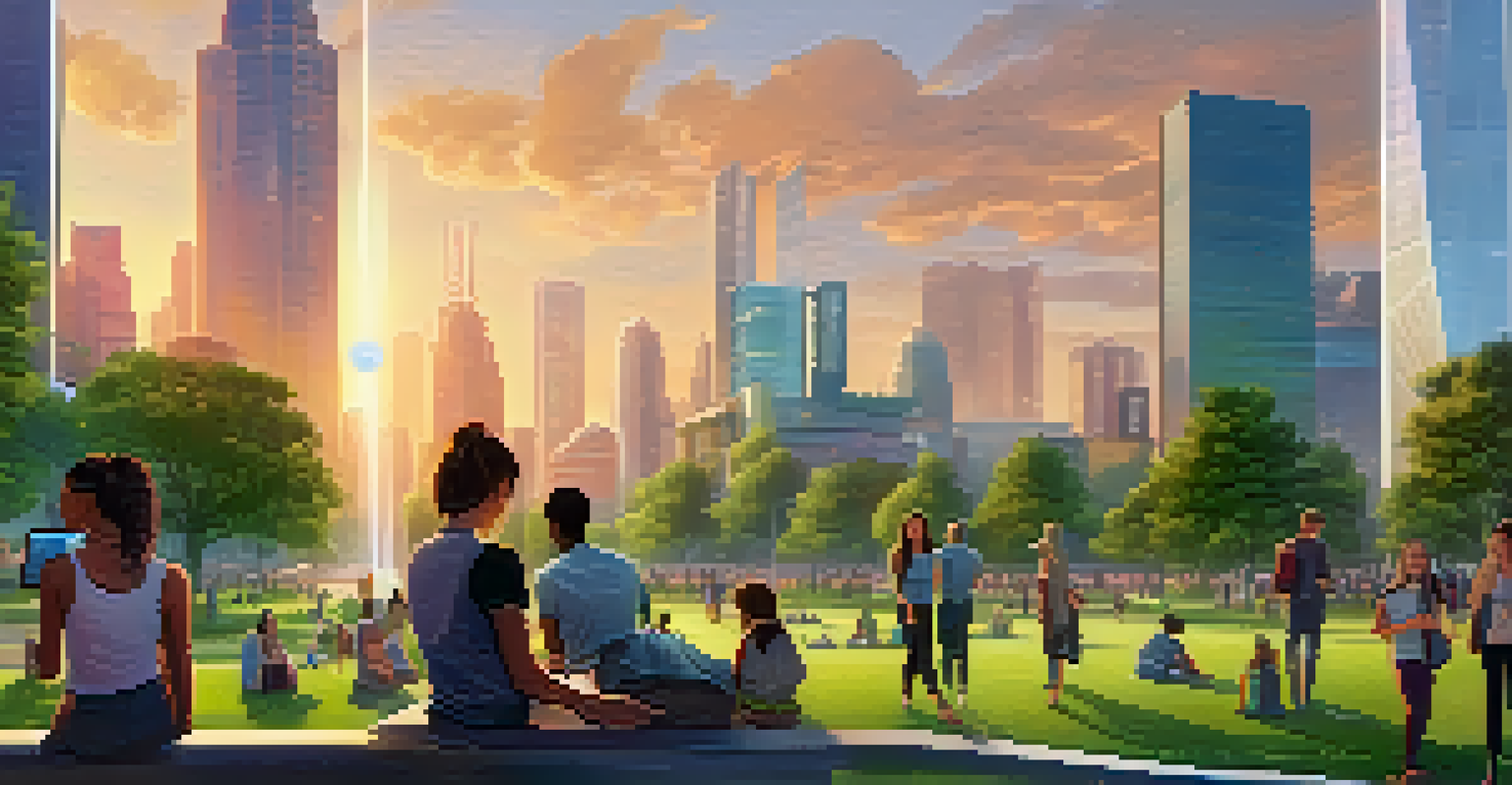 A futuristic cityscape with citizens using smartphones and tablets for civic technology in a public park.