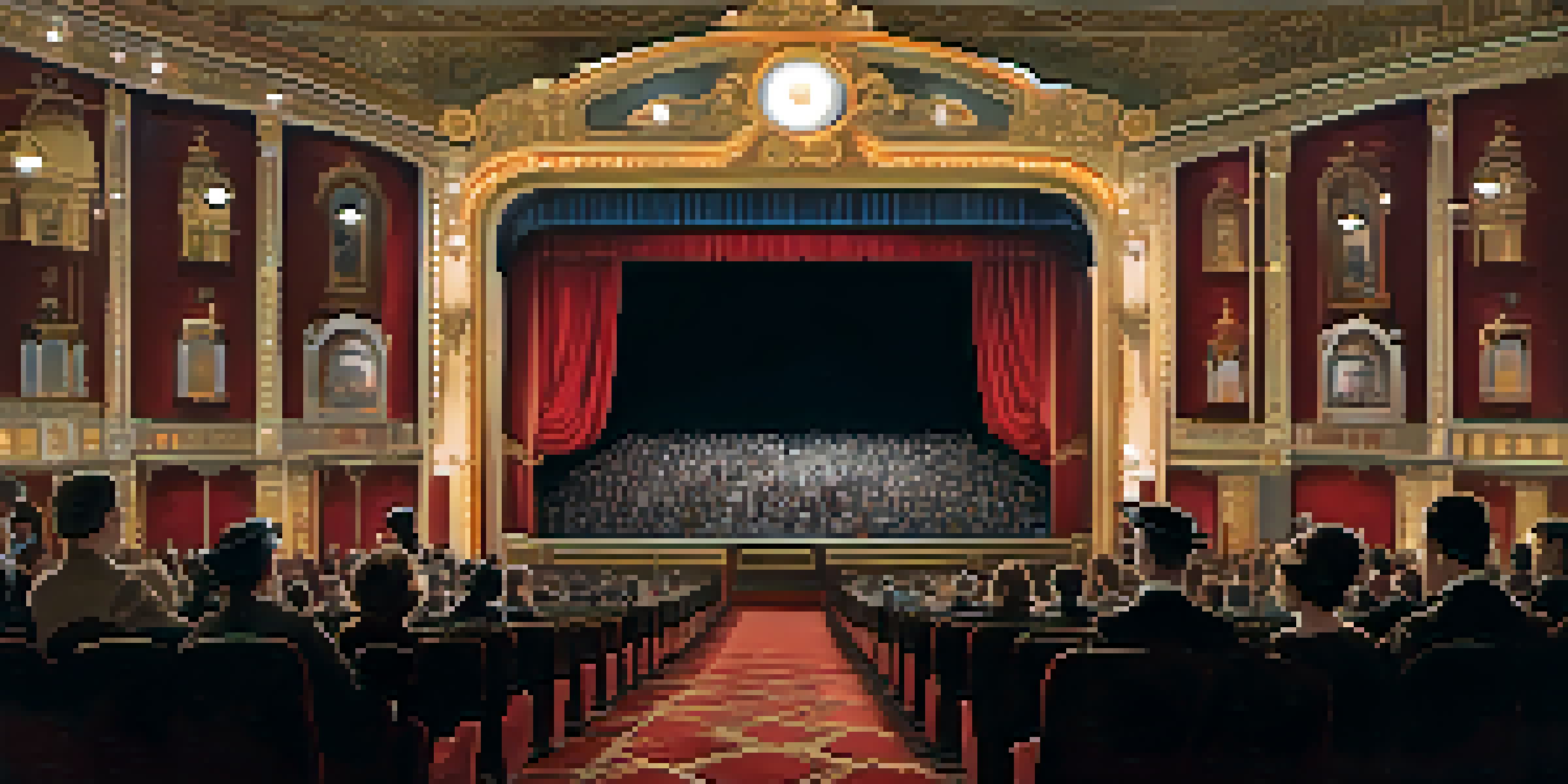 A vintage cinema filled with families watching a silent film, decorated in an ornate style with period clothing and warm lighting.
