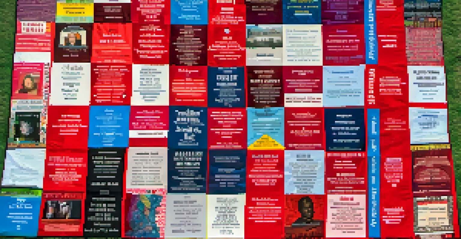 A close-up view of a vibrant section of the AIDS Memorial Quilt, displayed on grass in Los Angeles, with intricate fabric details.