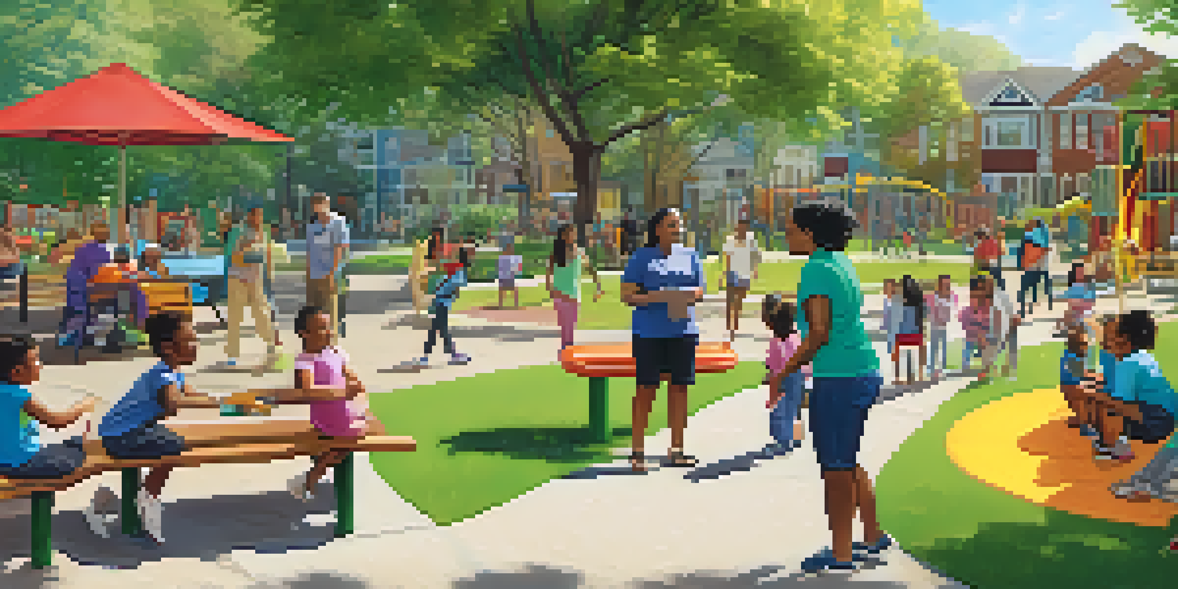 A community health worker talking to diverse families in a sunny park, sharing health education materials.