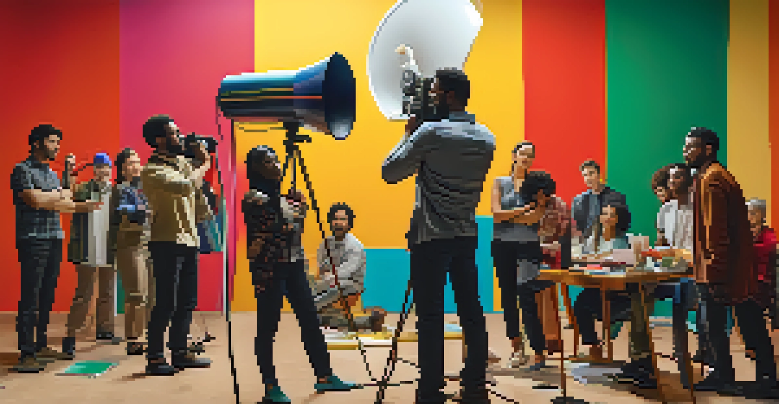 A vibrant film set with diverse filmmakers and actors collaborating, showcasing creativity and teamwork.