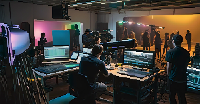 A diverse film crew on a modern studio set, with colorful lights and high-tech equipment, illustrating the digital filmmaking process.