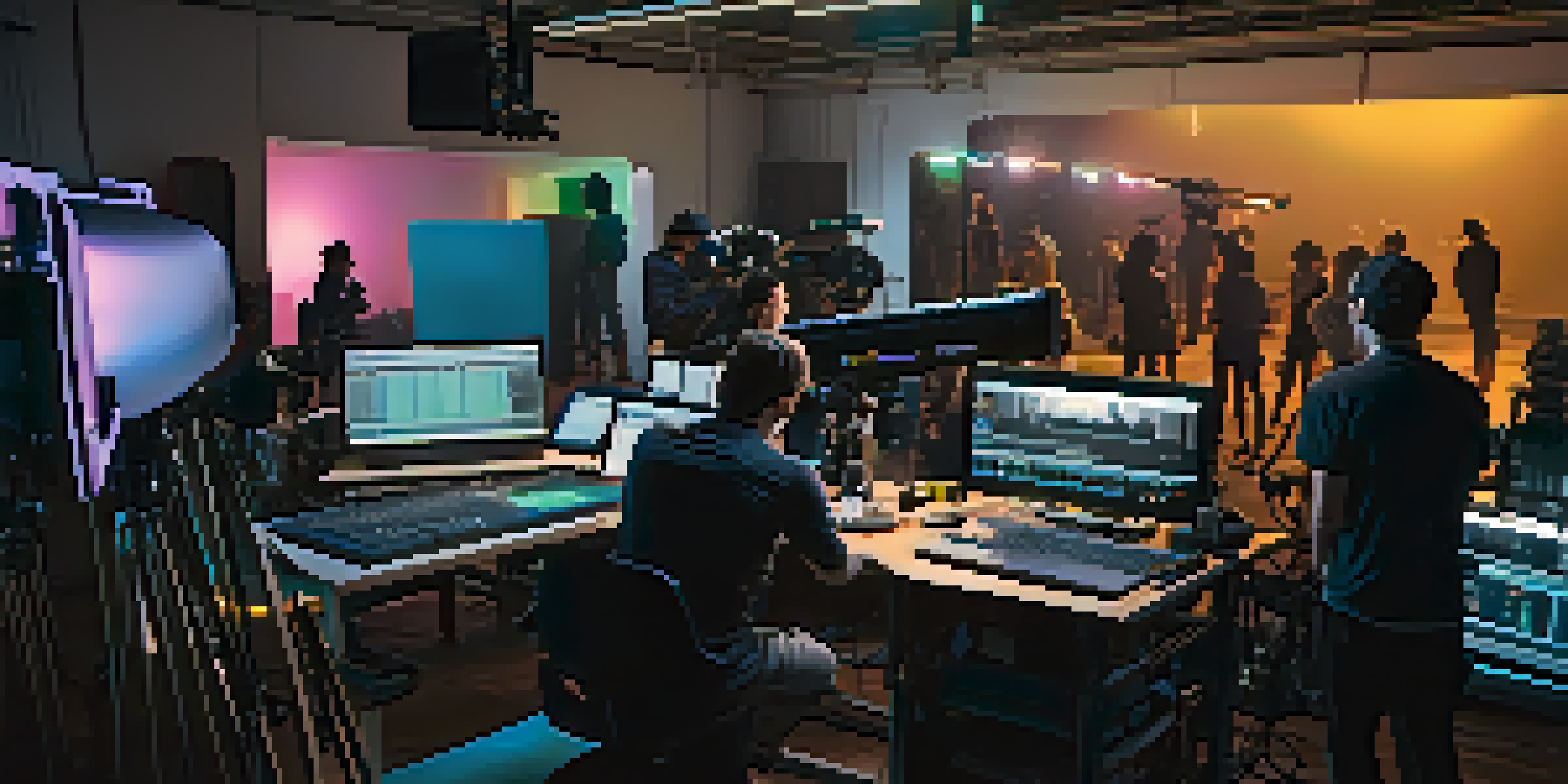 A diverse film crew on a modern studio set, with colorful lights and high-tech equipment, illustrating the digital filmmaking process.