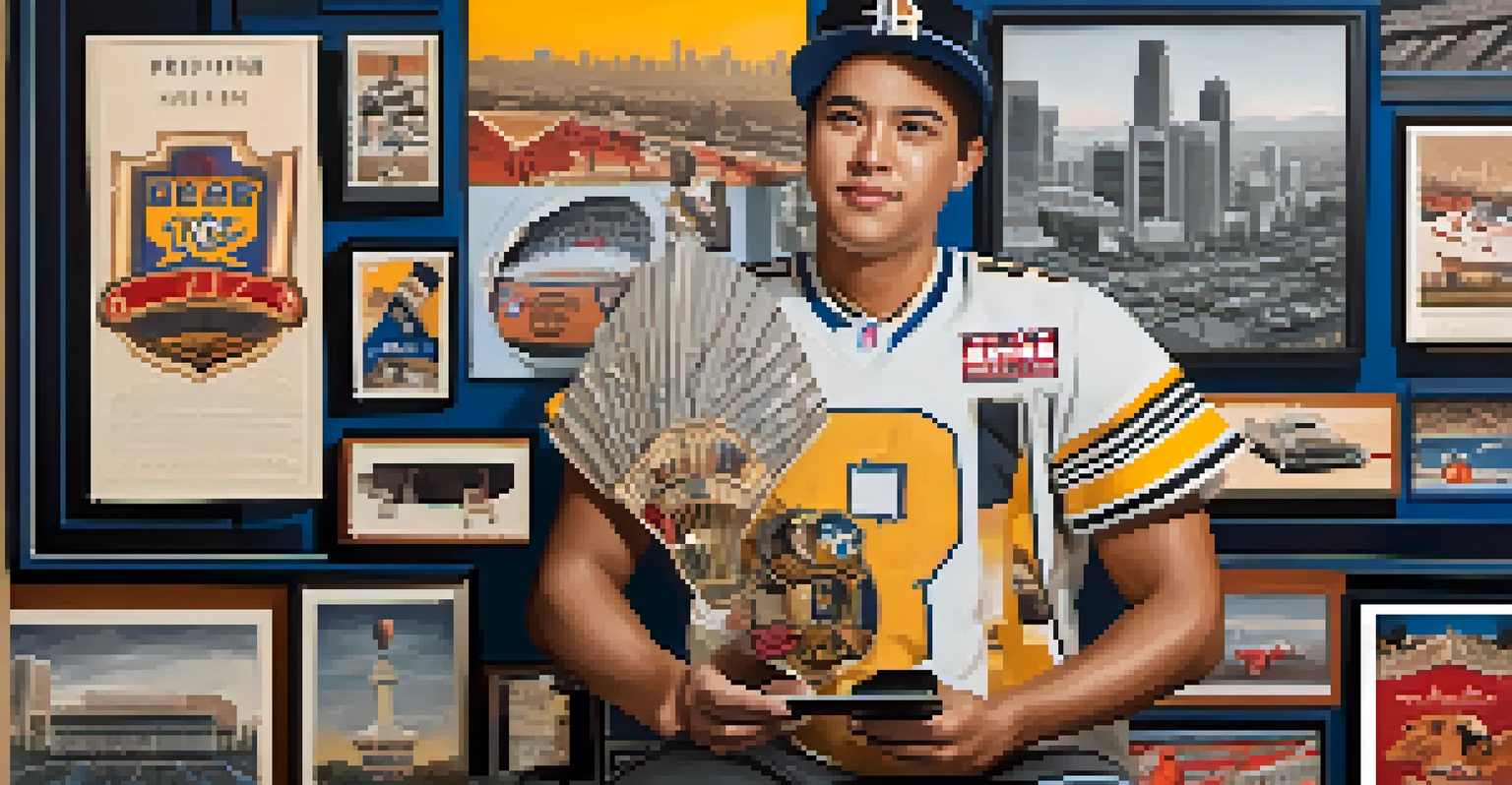 A digital collage depicting the evolution of sports fandom in Los Angeles with traditional and modern fans, set against iconic landmarks.