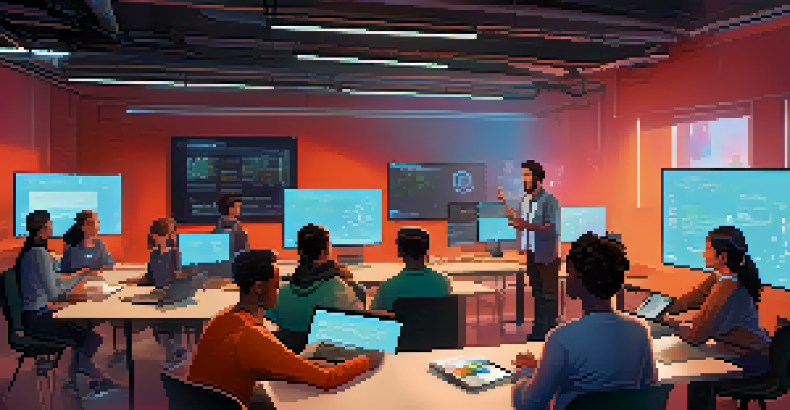 An instructor conducting a coding workshop in a modern tech space with students engaged in learning.