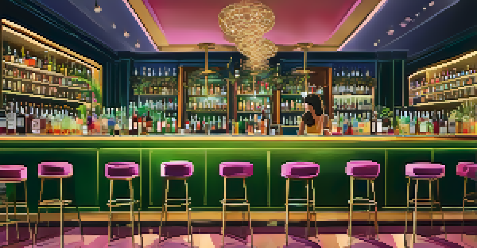 A stylish cocktail bar with unique drinks and lush decor, highlighting a bartender preparing a cocktail.