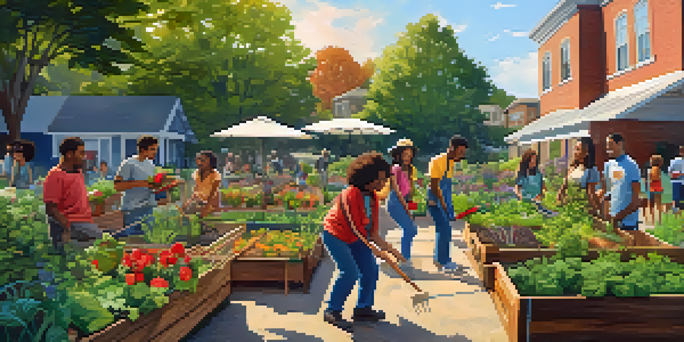 A diverse group of people working together in a colorful urban garden, planting vegetables and enjoying the sunshine.