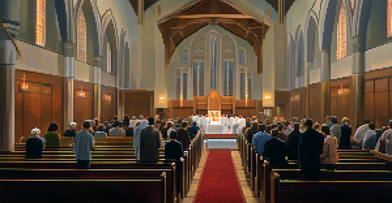 Inside a synagogue during Yom Kippur, showcasing a congregation in prayer and reflection, illuminated by soft candlelight.