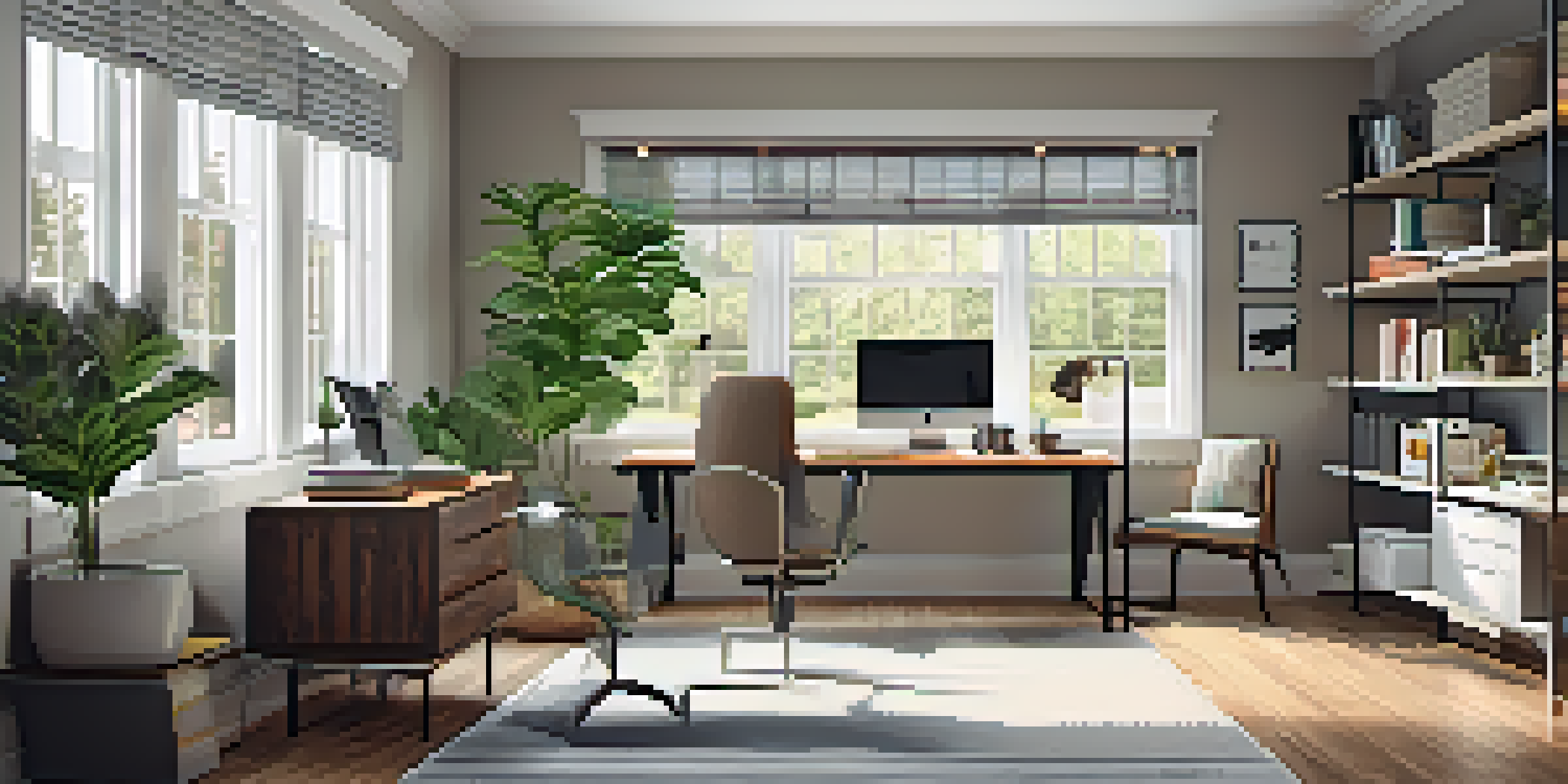 A bright and spacious home office with a large window, a desk and laptop, and a cozy living space.