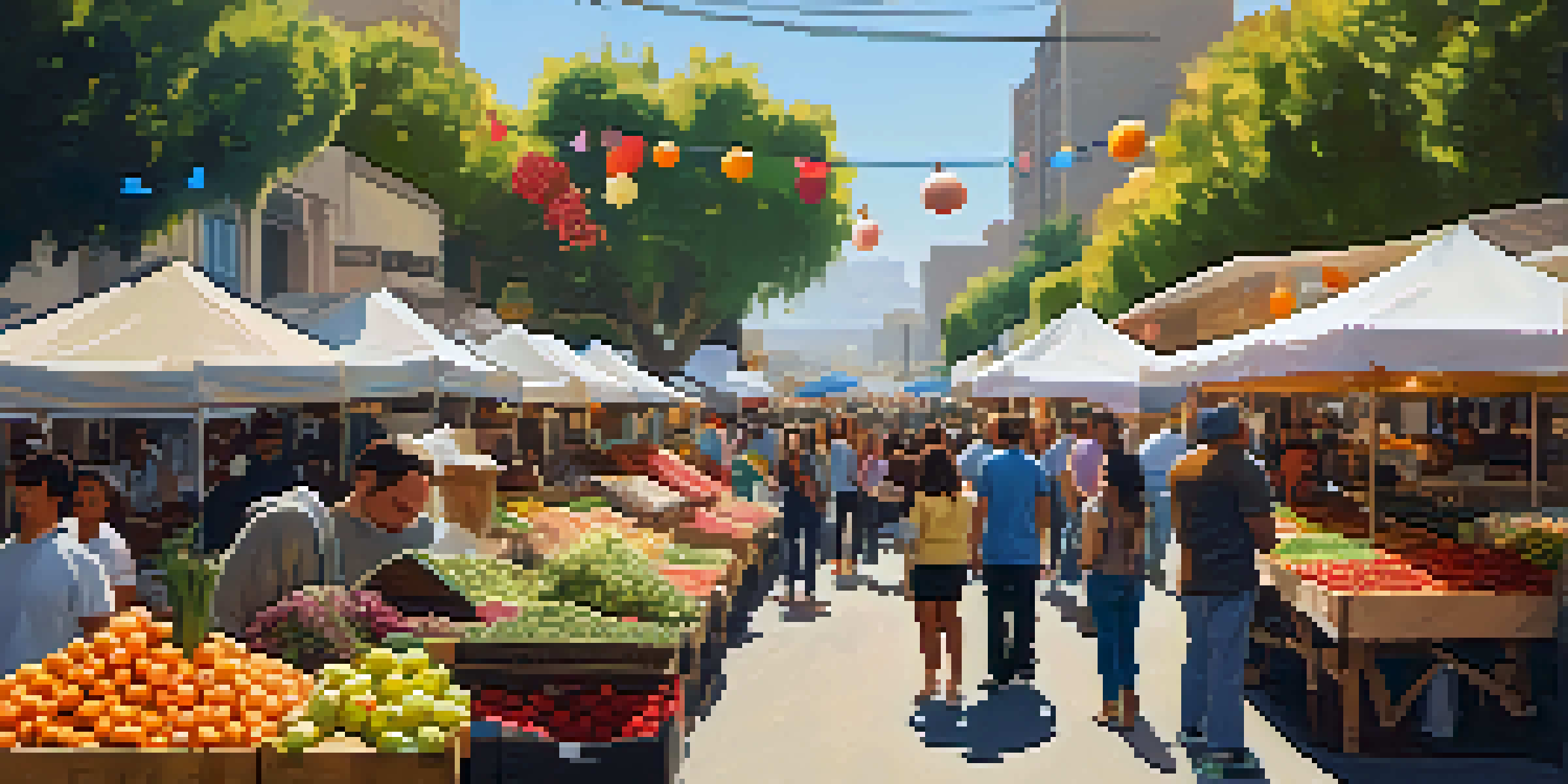 A lively outdoor market in Los Angeles filled with fresh produce and artisans, showcasing diversity and vibrant colors under warm sunlight.