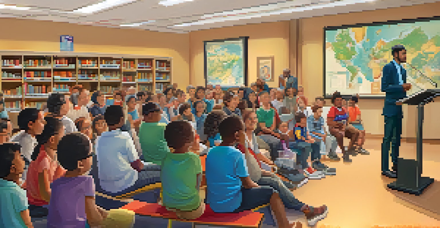A workshop in a library with a speaker and diverse participants learning about civic rights.