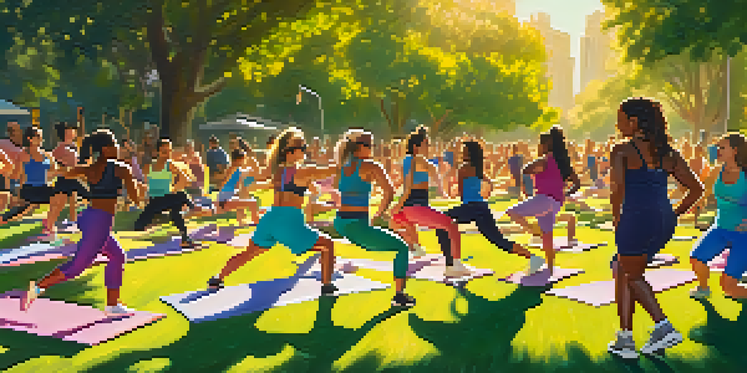 A diverse group of people participating in an outdoor high-energy fitness class in a sunny park, surrounded by greenery and flowers.