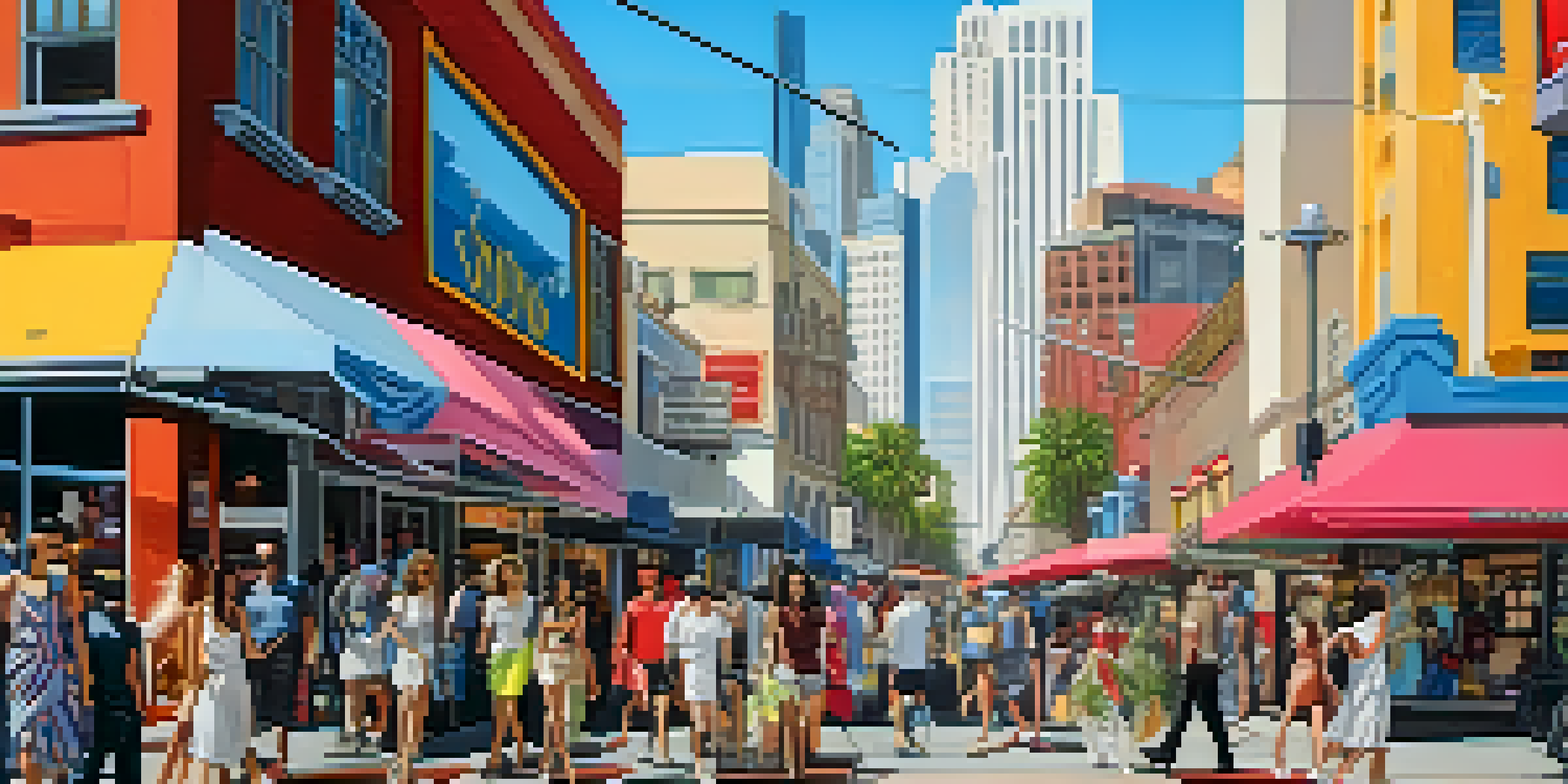 A lively street in Downtown LA's Fashion District filled with colorful shops and diverse people shopping, illuminated by a bright sky.