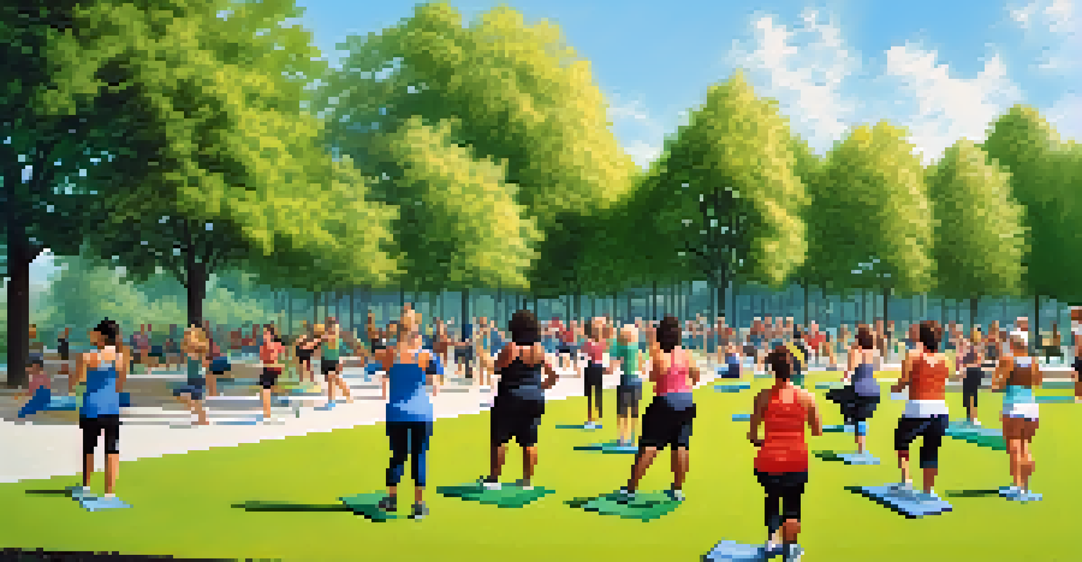 A diverse group of people participating in an outdoor fitness class in a park, led by an enthusiastic instructor against a clear sky.