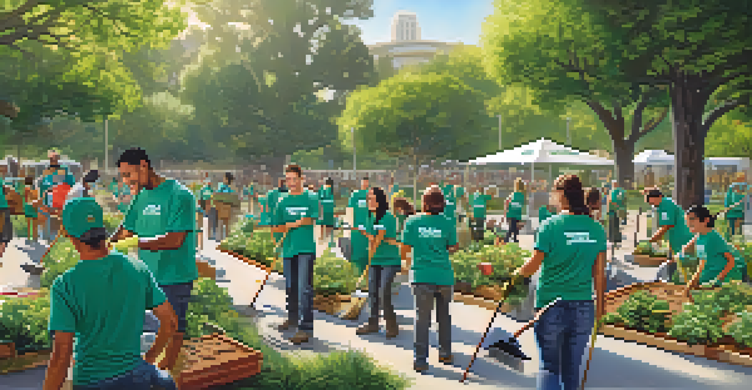 Employees from various corporations volunteering to clean up a local park in Los Angeles, with children playing in the background.