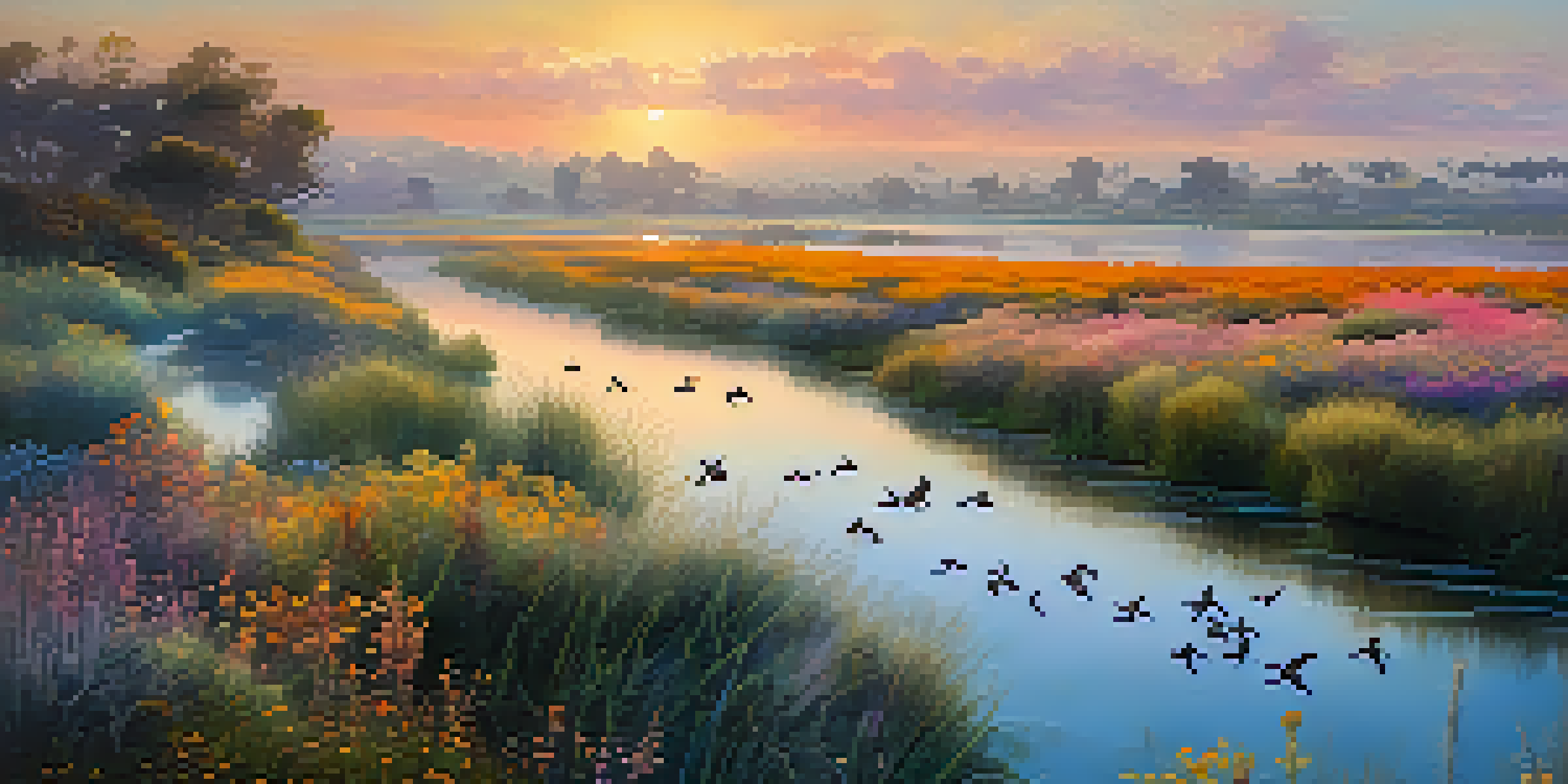 A peaceful view of Ballona Creek wetlands at sunrise with migratory birds flying over the water and colorful wildflowers in the foreground.