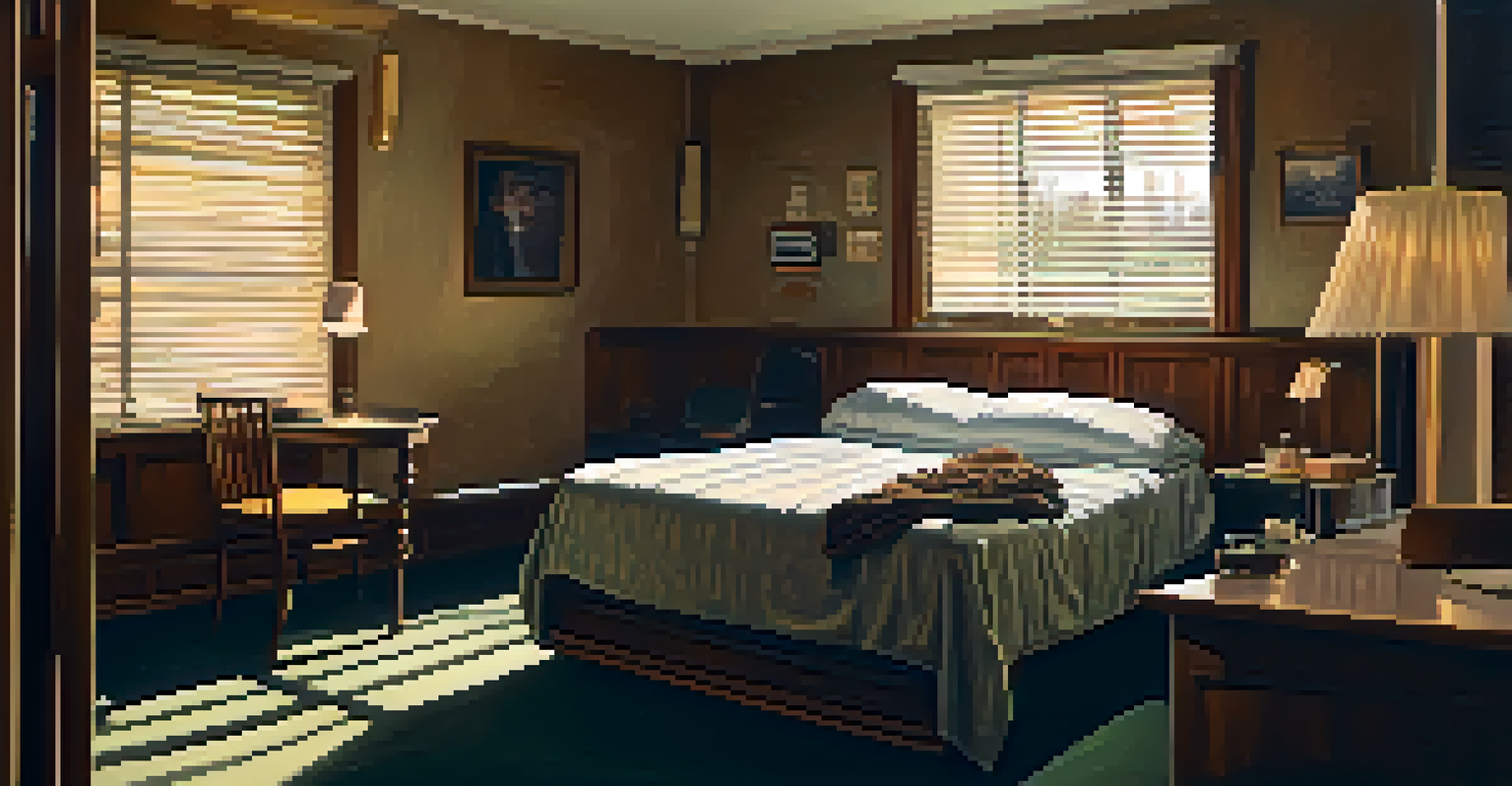 A dimly lit motel room with vintage furnishings, old photographs on the walls, and a shadowy figure in the corner.