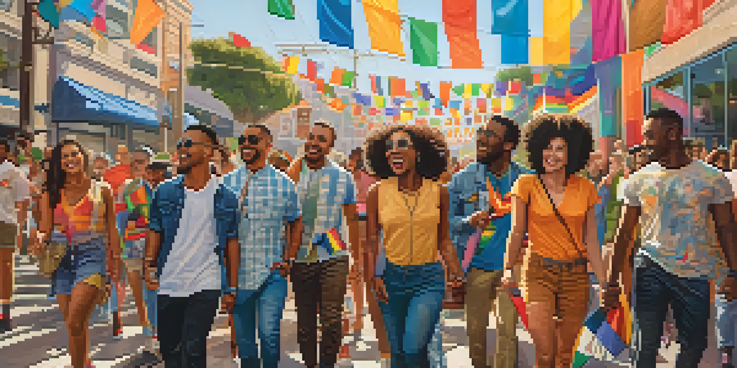 A lively street scene in Los Angeles with LGBTQ+ individuals of color celebrating pride, surrounded by colorful banners and iconic city architecture.