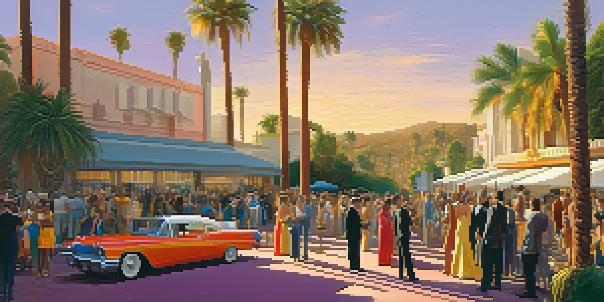 A vibrant Hollywood film set with diverse actors and crew members during golden hour, showcasing iconic architecture and palm trees.