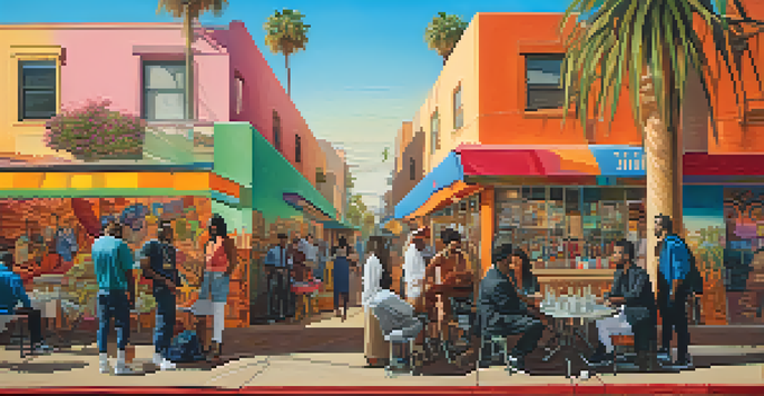 A lively street scene in Los Angeles with diverse people talking outside a colorful mural under warm golden hour light.