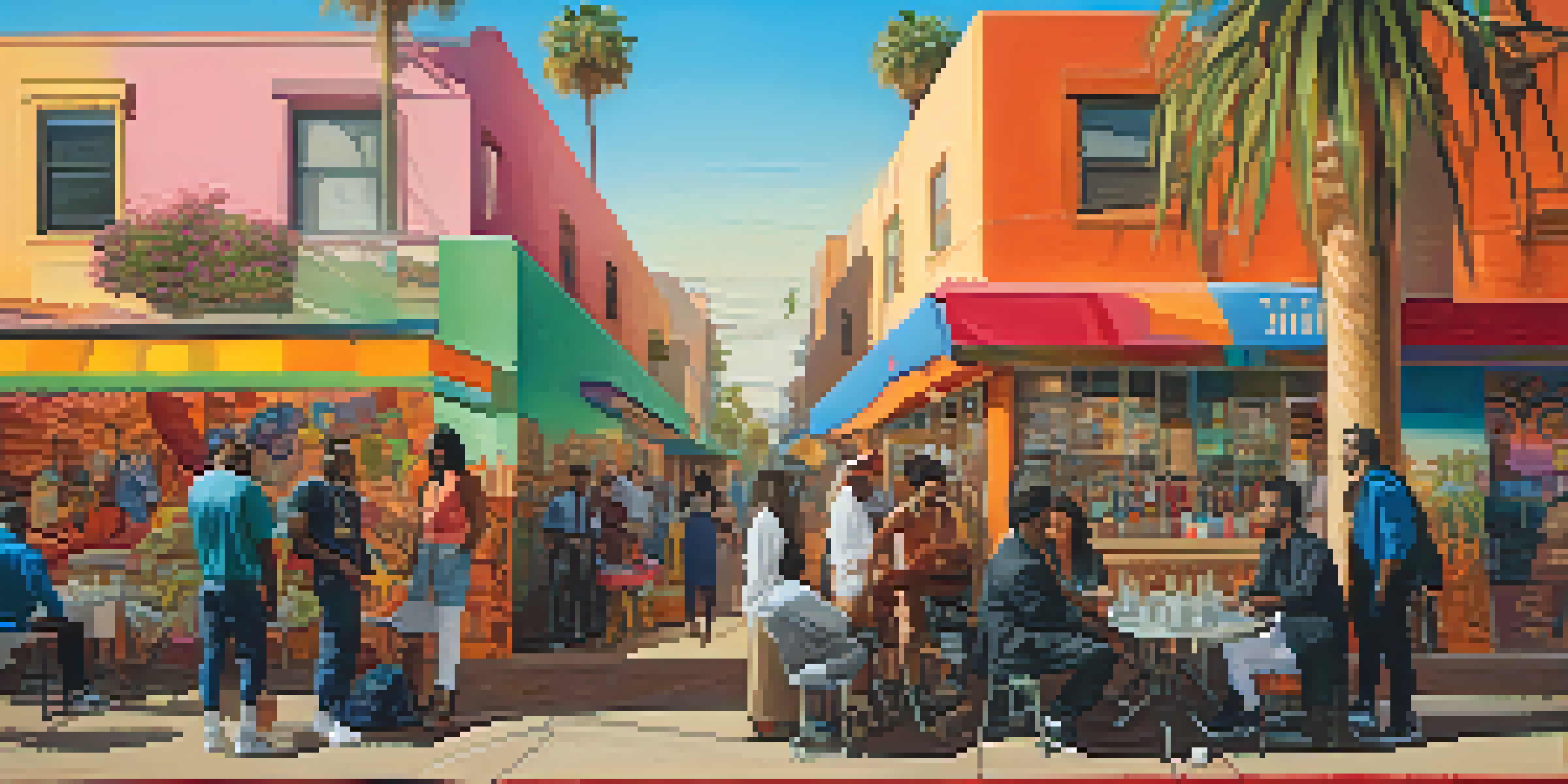 A lively street scene in Los Angeles with diverse people talking outside a colorful mural under warm golden hour light.