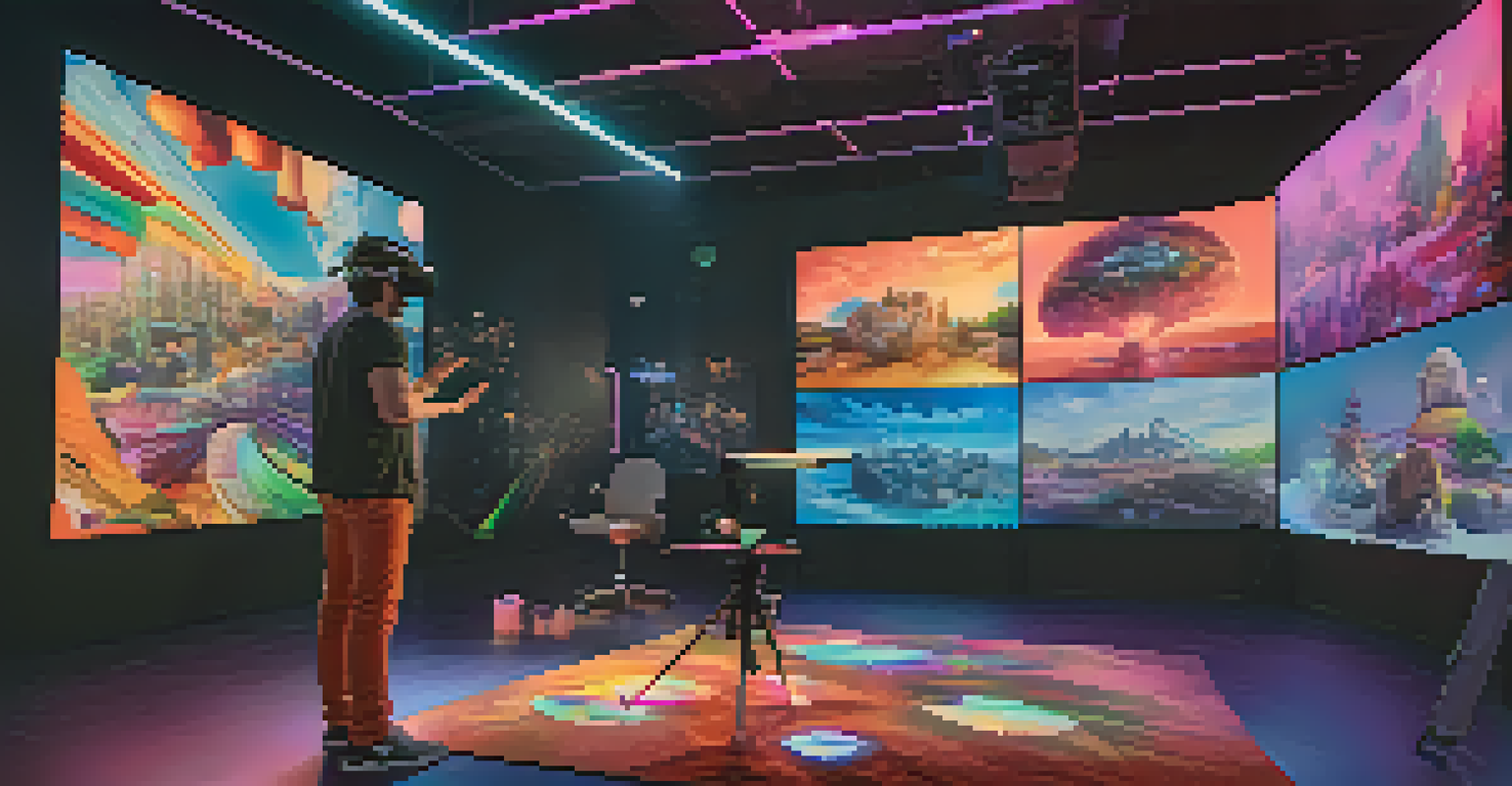 A filmmaker in a futuristic studio using a VR headset to create immersive stories, surrounded by colorful holographic visuals.