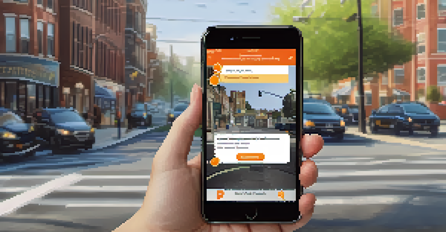 A close-up of a smartphone showing a community safety app, with notifications and a blurred neighborhood street in the background.