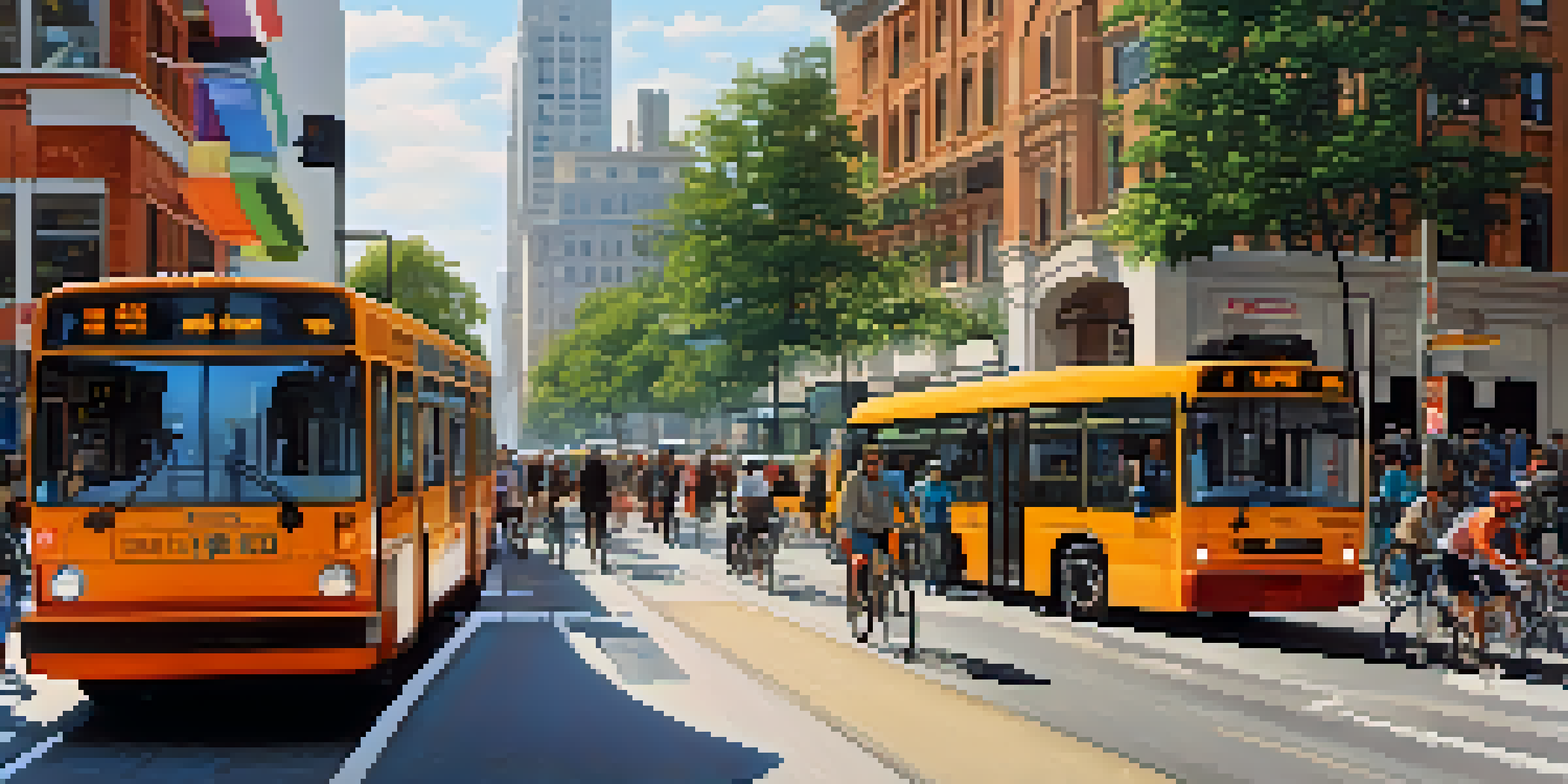 A busy city street filled with cyclists and pedestrians, with public buses in the background under warm sunlight.