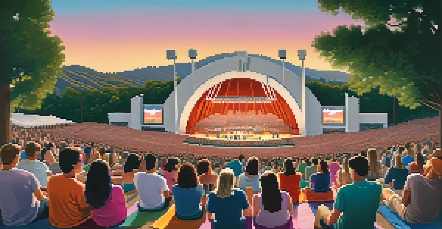 A summer concert at the Hollywood Bowl with a diverse crowd, surrounded by the Hollywood Hills at sunset.