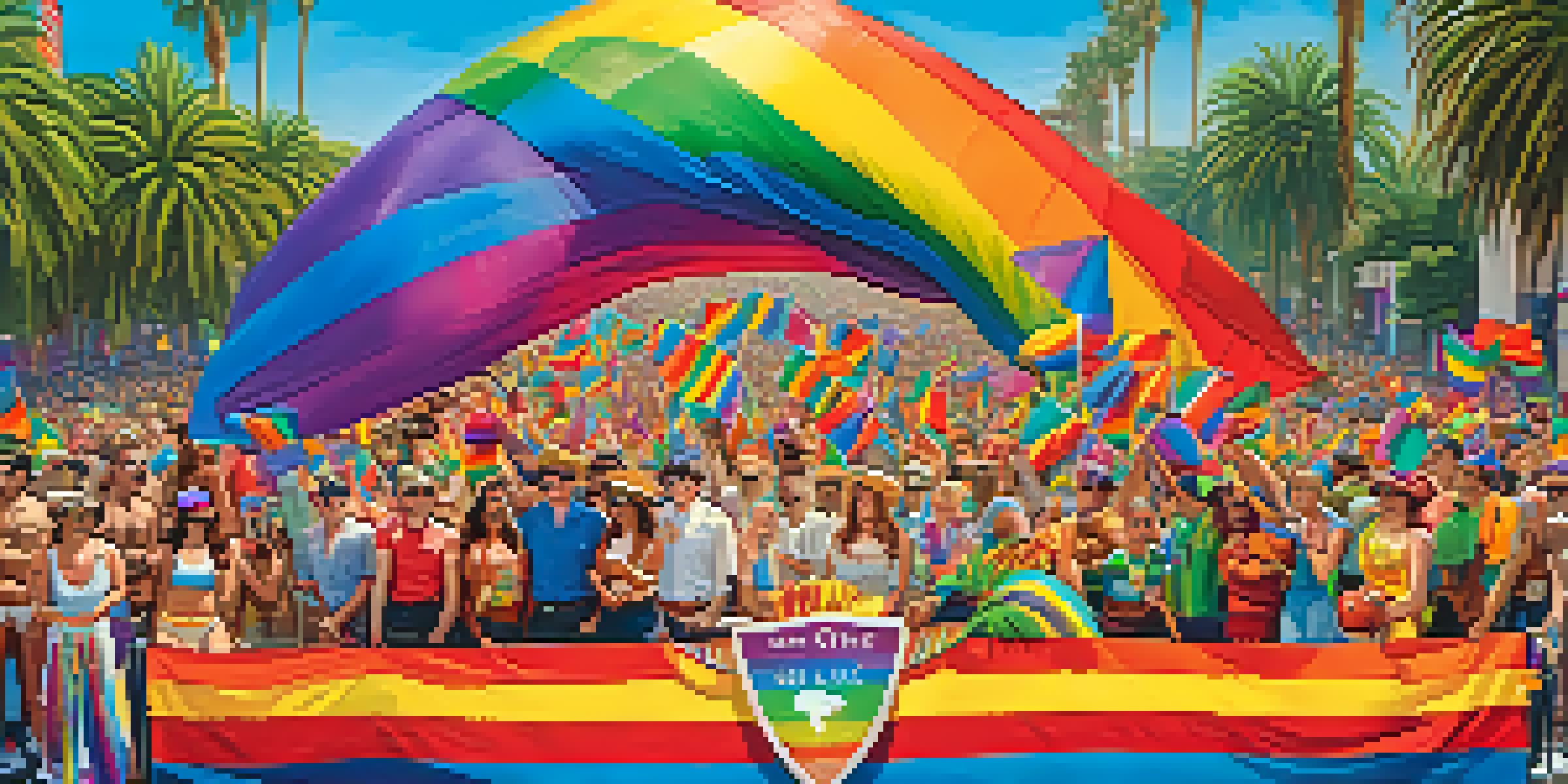 A colorful float at the LA Pride Parade with rainbow flags and lively attendees in bright costumes, set against a sunny backdrop.