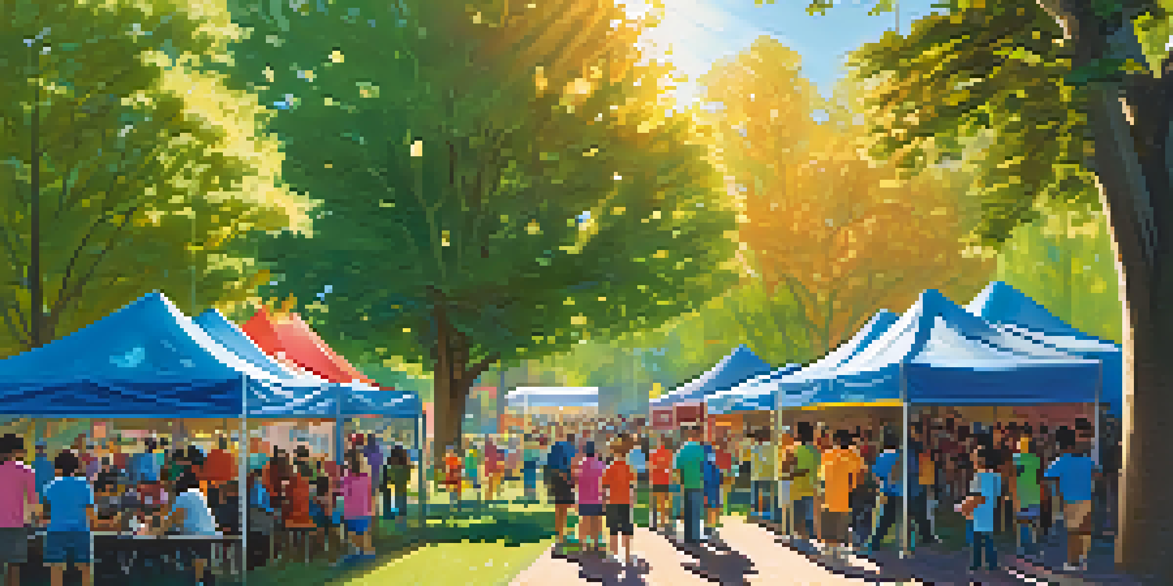 A lively community sports event in a park, with volunteers setting up a booth and children playing soccer.