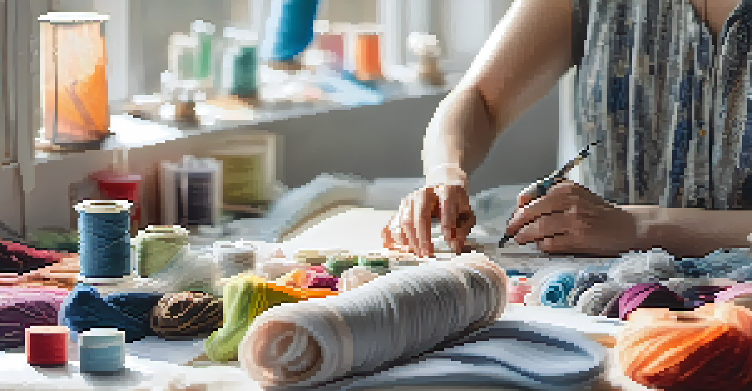 A designer's hands working with sustainable fabrics in a brightly lit studio filled with sewing tools and colorful materials.