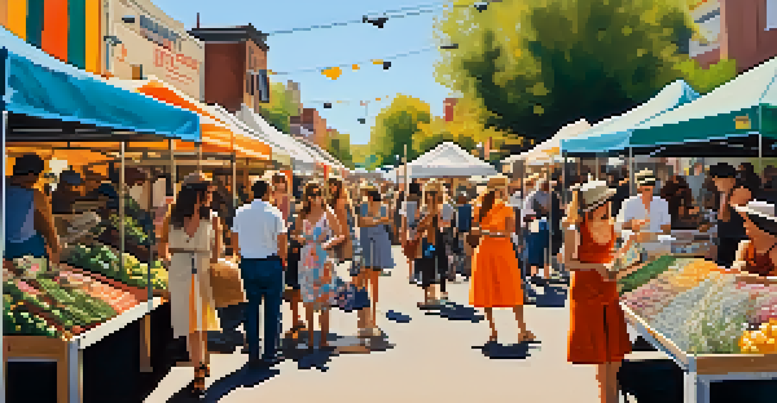 A lively outdoor market scene at the Melrose Trading Post, showcasing various colorful stalls filled with vintage items and local artistry, with people enjoying the vibrant atmosphere.