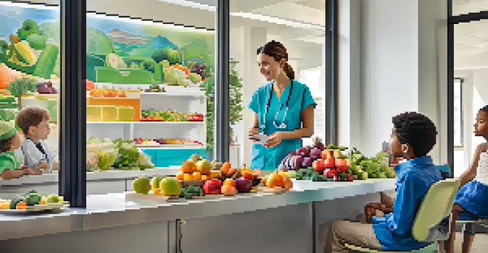 A healthcare provider discussing preventive care with a young family in a modern clinic.