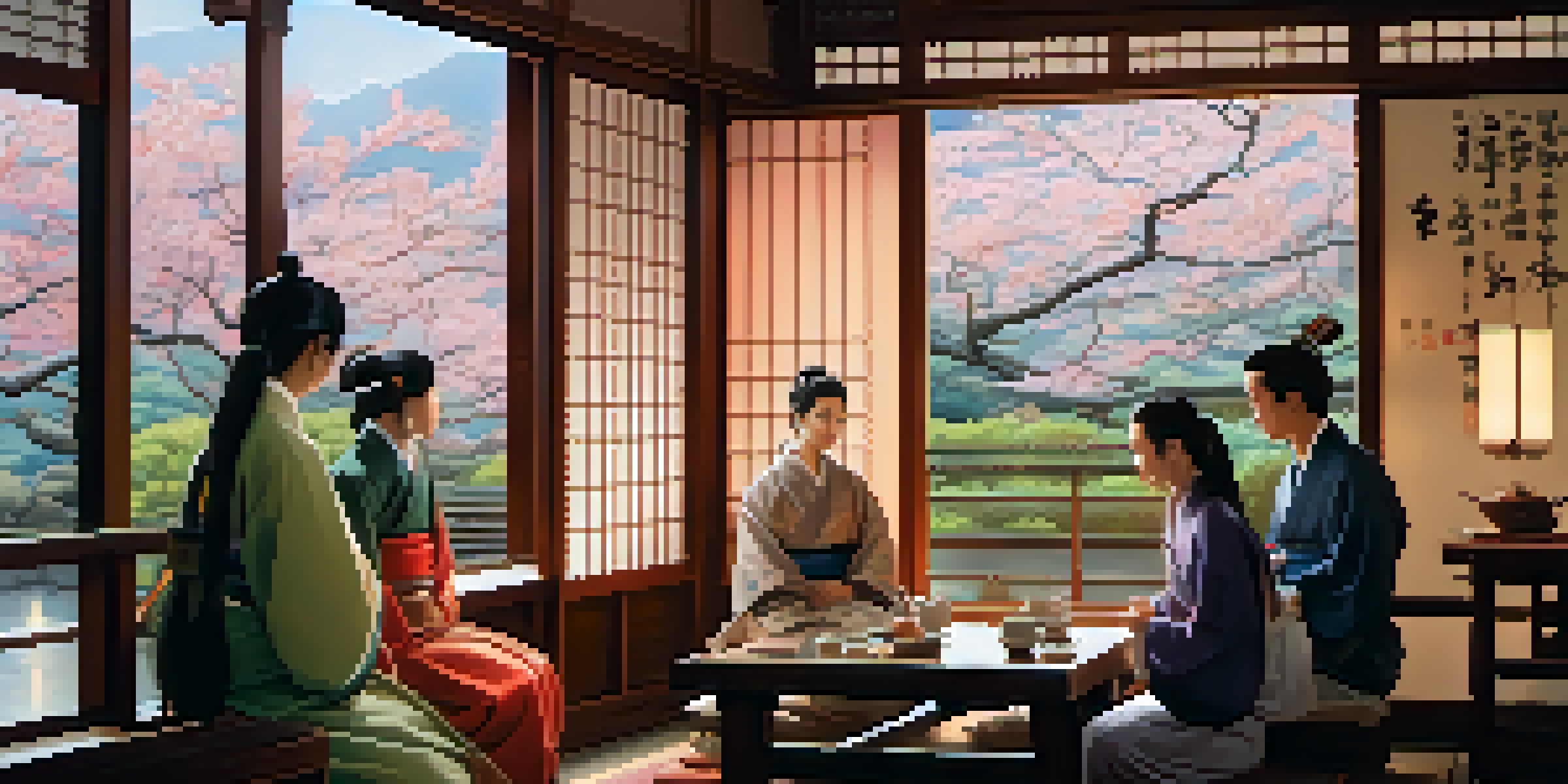 A Brazilian student participating in a tea ceremony with Japanese locals inside a traditional tea house, surrounded by cherry blossom trees.