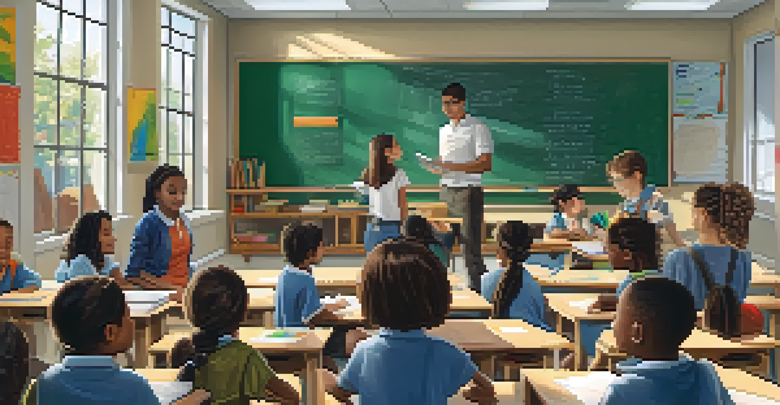 A classroom where a teacher engages with diverse students in a hands-on learning activity, illuminated by natural light.