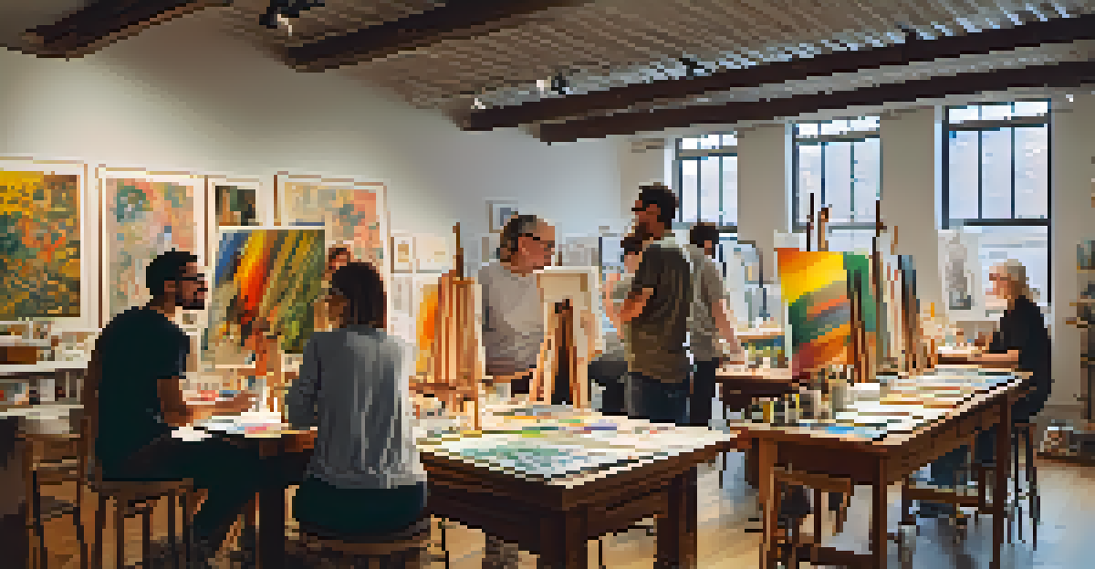 A mentor artist teaching a group of emerging artists in a cozy workshop filled with art supplies and creative works.