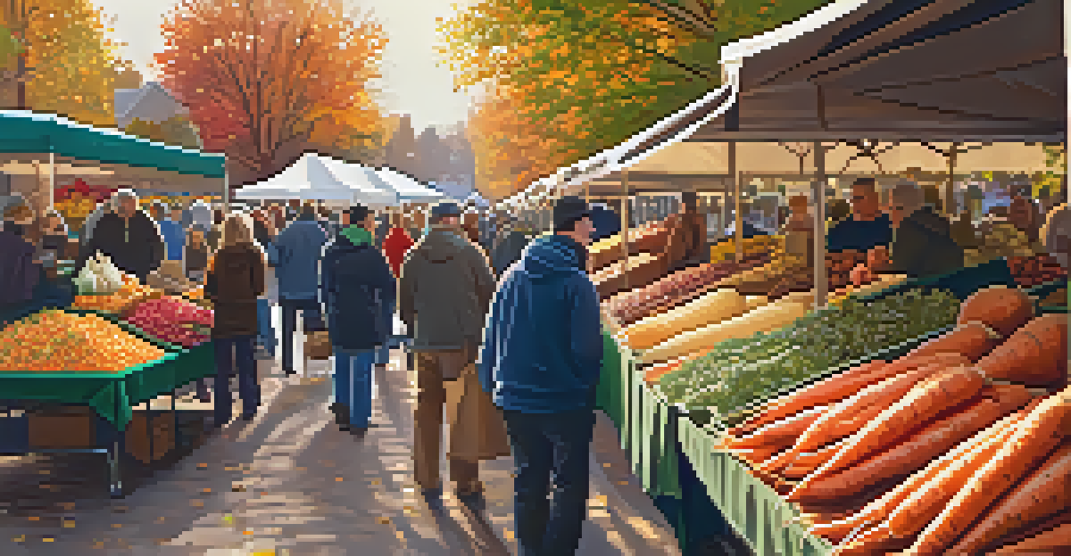 A warm fall farmers' market displaying root vegetables and pumpkins, surrounded by autumn leaves and soft golden light.