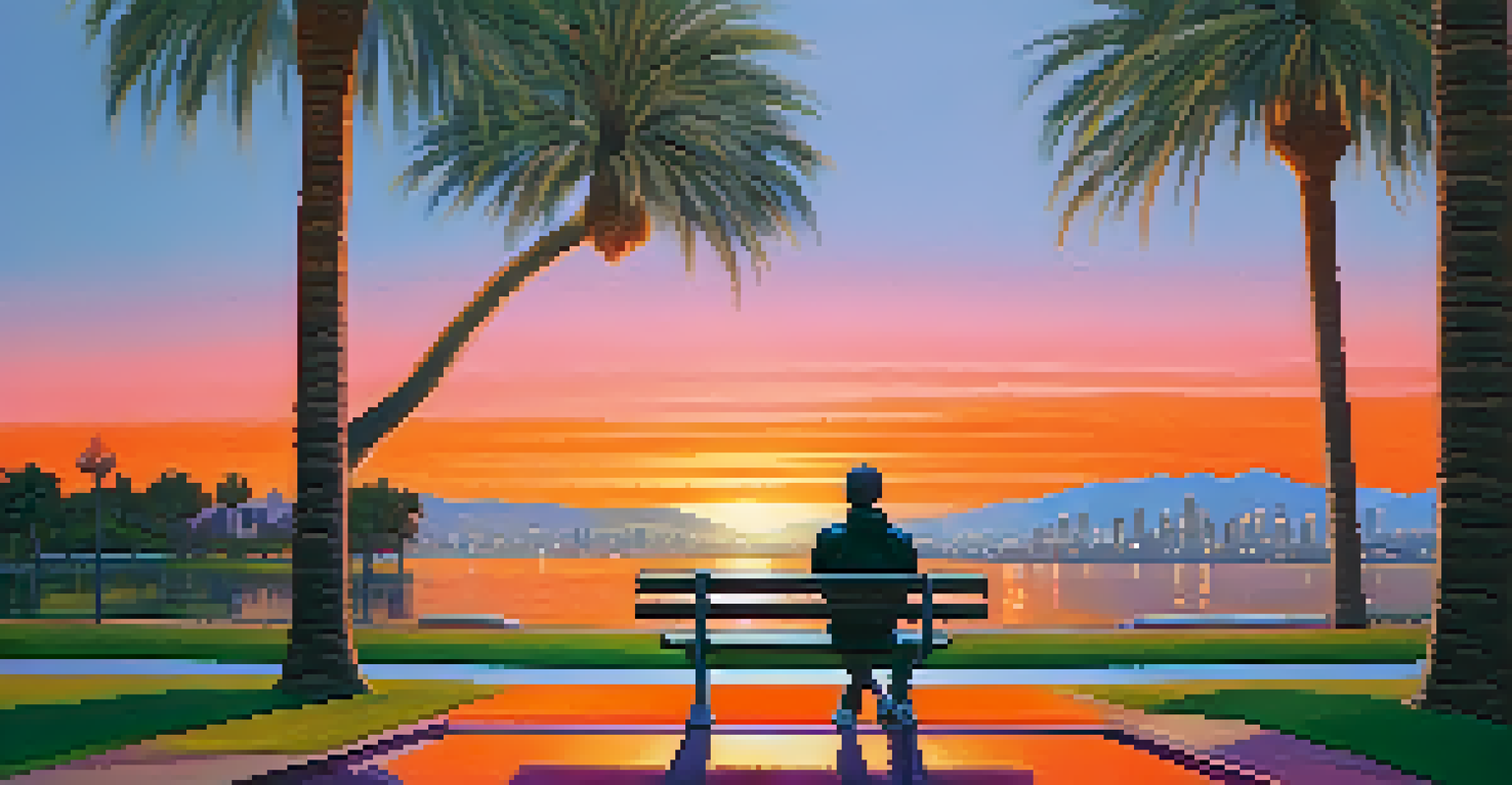 A solitary figure on a park bench in Los Angeles at sunset, surrounded by palm trees and colorful skies.