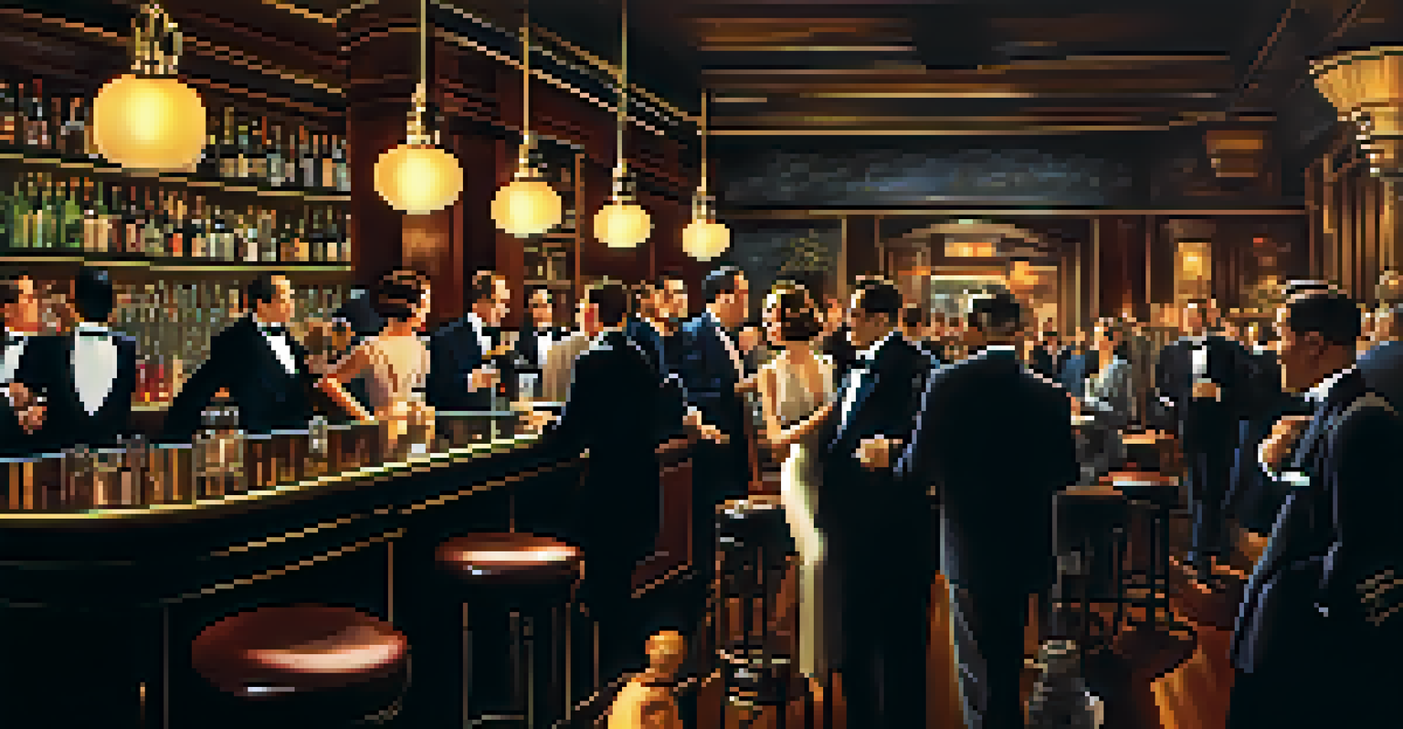 A secretive 1930s speakeasy filled with elegantly dressed patrons enjoying cocktails under dim lighting, with jazz musicians performing in the background.
