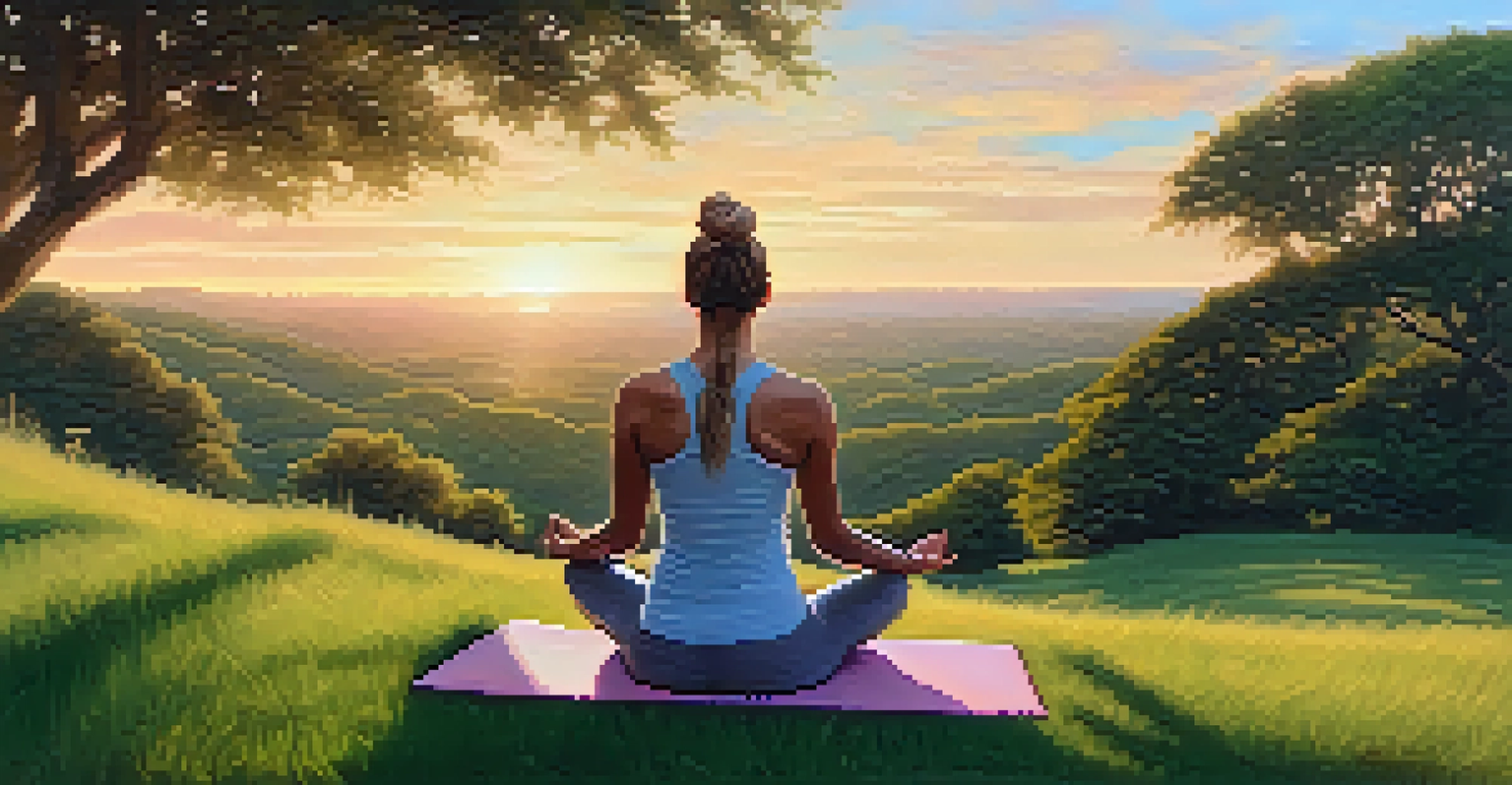 A person practicing yoga on a hilltop during sunset, surrounded by nature.