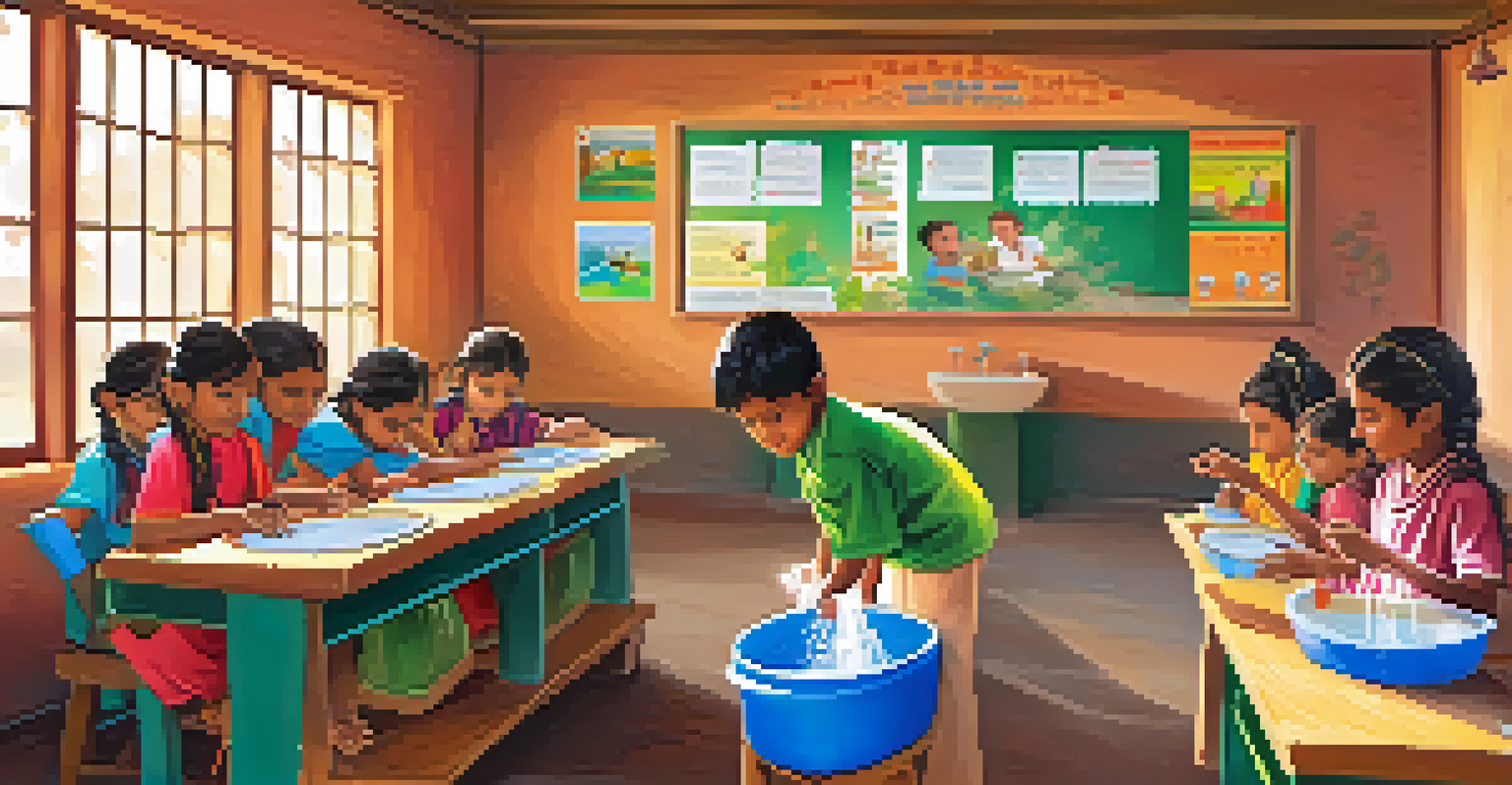 Children in a classroom in South Asia learning proper hygiene practices, washing their hands at a sink with educational posters in the background.