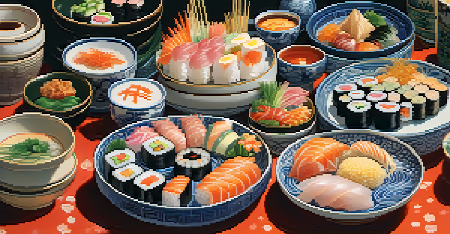 An array of traditional Japanese dishes displayed at Nisei Week Festival, including sushi, ramen, and mochi.
