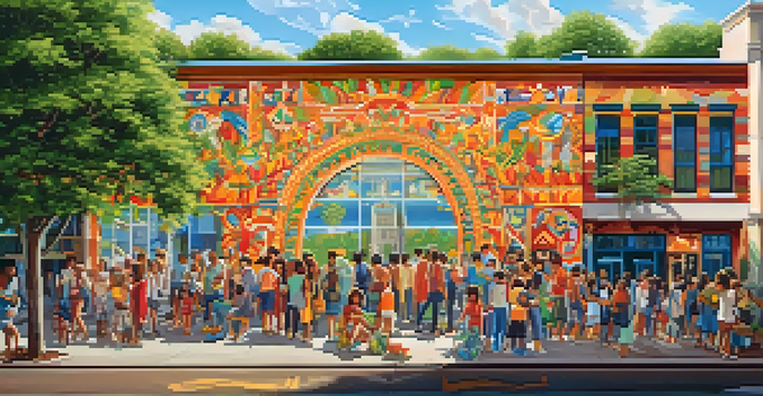 A colorful mural representing local heritage, surrounded by greenery and diverse people admiring the artwork.